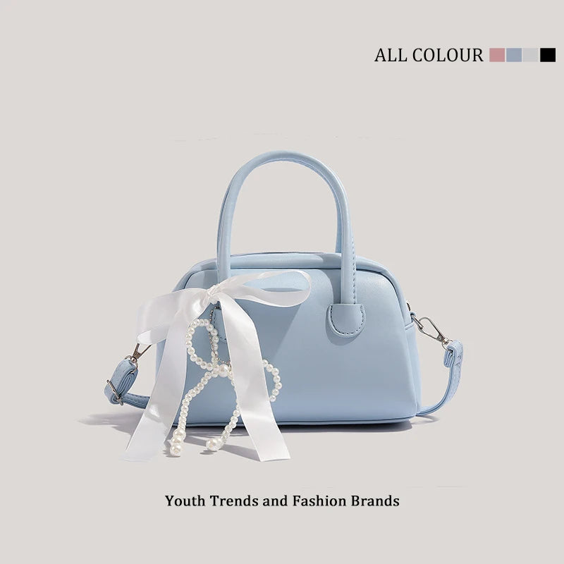 Sweet Mini Boston Bag Women Fashion Pearl Pendant Bow Shoulder Bag Casual Handbag