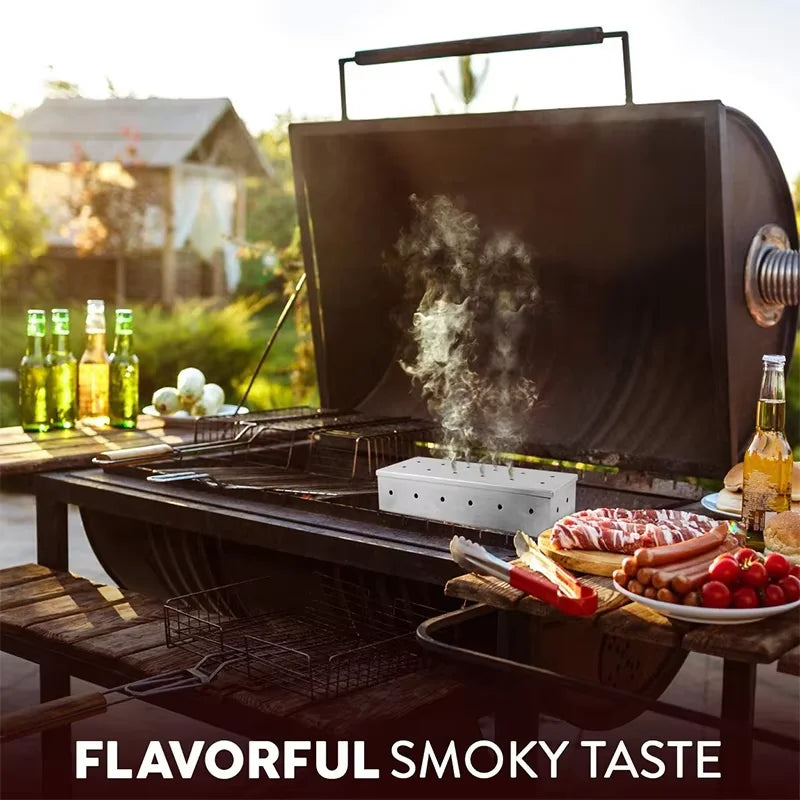 BBQ Smoker Box Stainless Steel Wood Chips Smoker Box with Hinged Lid Heavy Duty BBQ Smoke Box For Charcoal Grilling YY224