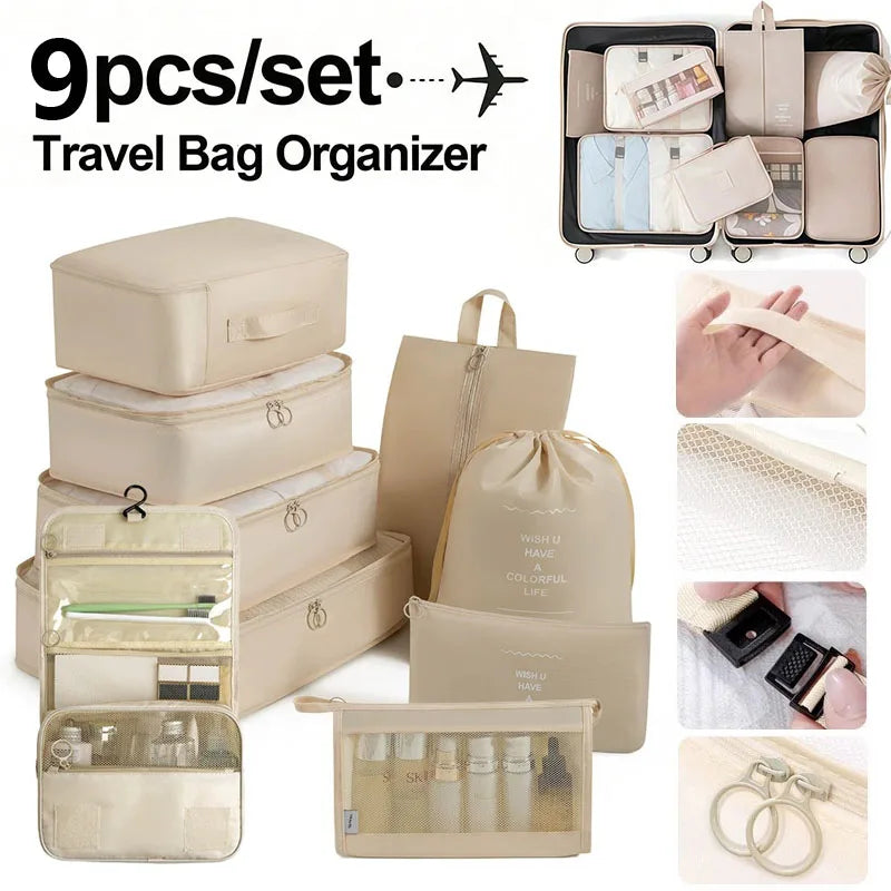 Travel Organizer Set 7/8/9/ Pcs Packing Cubes Suitcase Storage Bags Portable Luggage Tidy Pouch for Clothes & Shoes Folding