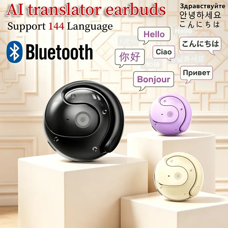 Wireless Bluetooth AI Real-time Language Translation Earphones 144 Languages Ear Hanging Headphone Translator for Travel Busine