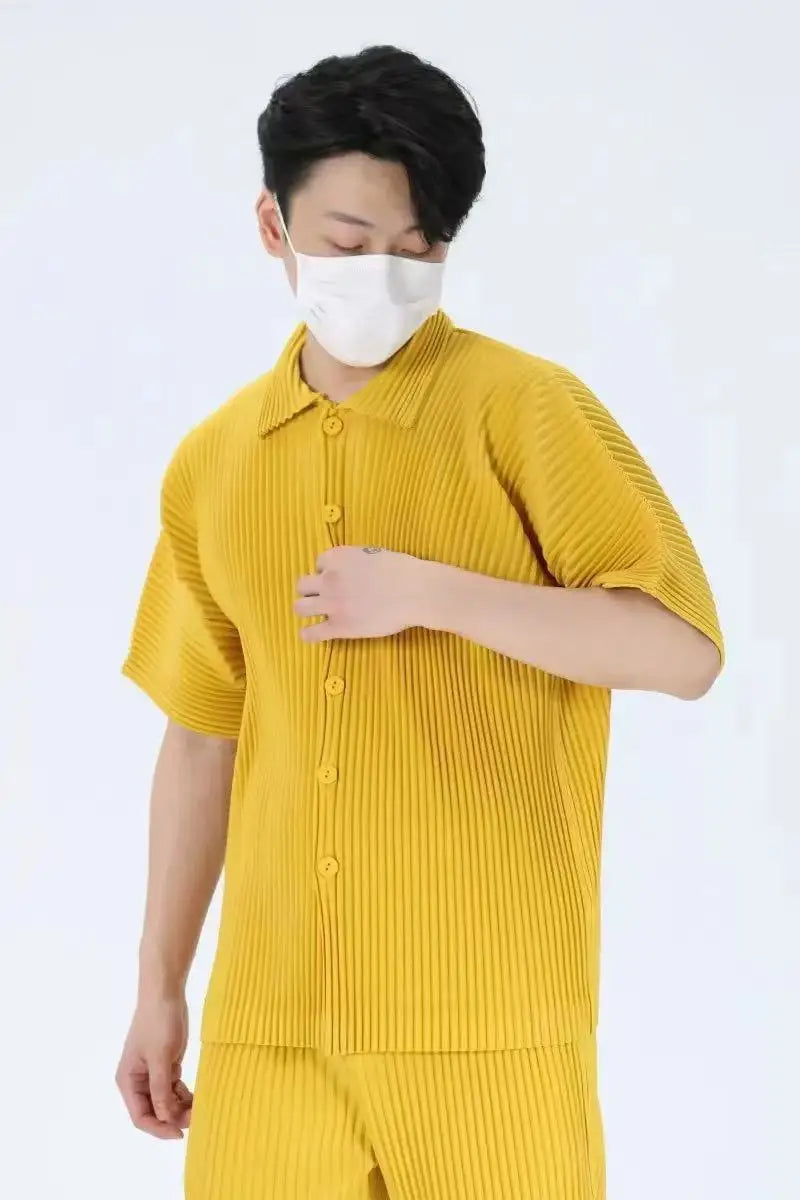 Miyake Pleated Short Sleeve Shirt Men's 2026 Classic Pleats Top Short Sleeve Summer Loose Plisse Jacket Loose Plus Size Fold Top