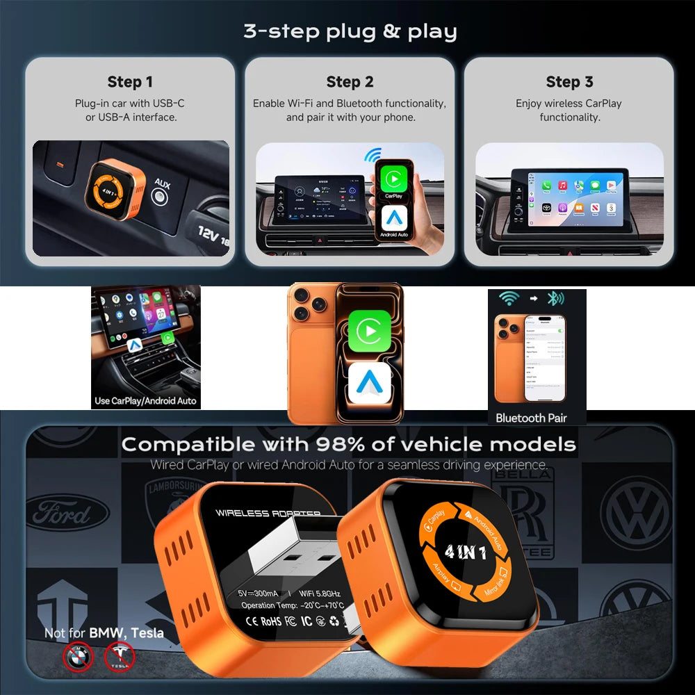Skilldrive 4 in1 Carplay Android Auto Adapter En Drahtlos Usb c Converter Box Wireless Mirrorlink Dongle Airplay Adapter for Car