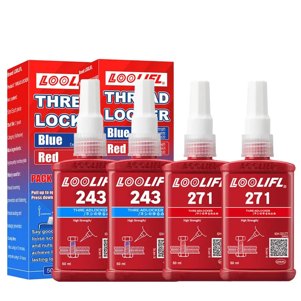 Blue & Red Thread Locker, Medium High Strength Thread Sealant for Nuts Bolts Fasteners Metal Threads, Anti-Loosening Anti-Leak Anaerobic Thread Lock Compound, 50ml×4 Pack Thread Lock Adhesive Glue