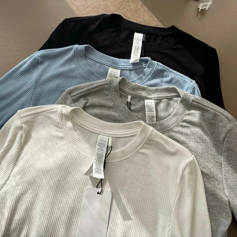 Solid Color Thread Soft Comfortable Slim Tees Elasticity Yoga Pilates Sweatshirt Summer Cotton Long Sleeved T-shirt for Women