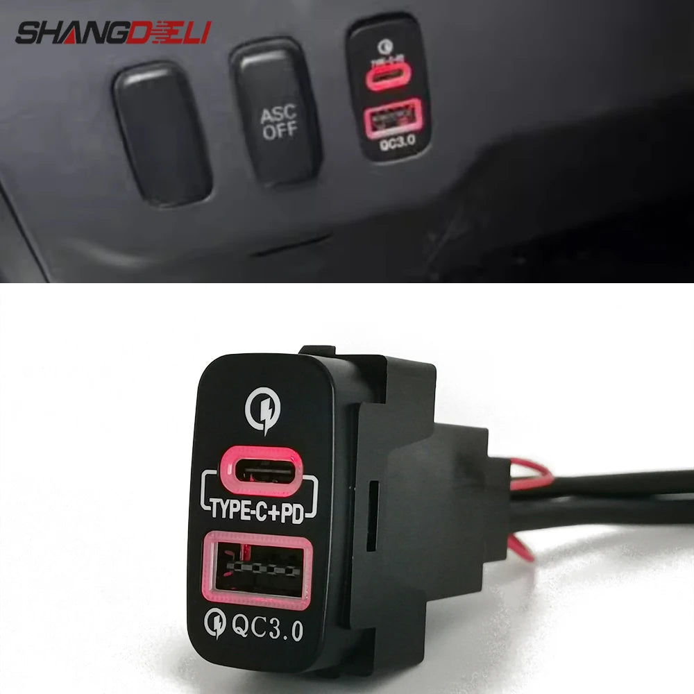 Car Red Light Dual USB TYPE-C PD Charger Adapter Phone Charger For Mitsubishi Outlander Lancer Pajero V73 V93 V97 Accessories
