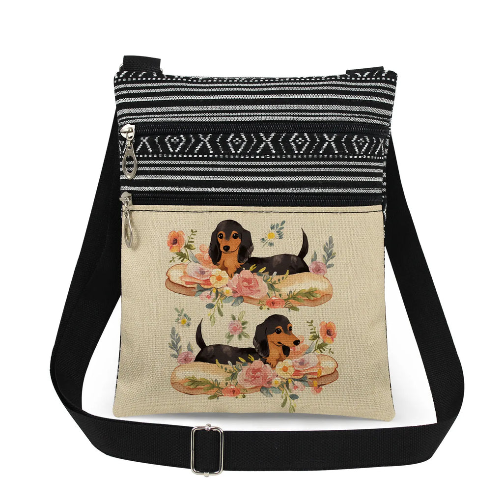 Cute Dachshund Print Crossbody Bag Female Floral Animal Shoulder Bags Fashion Outdoor Portable Double Zipper Lady Messenger Bag
