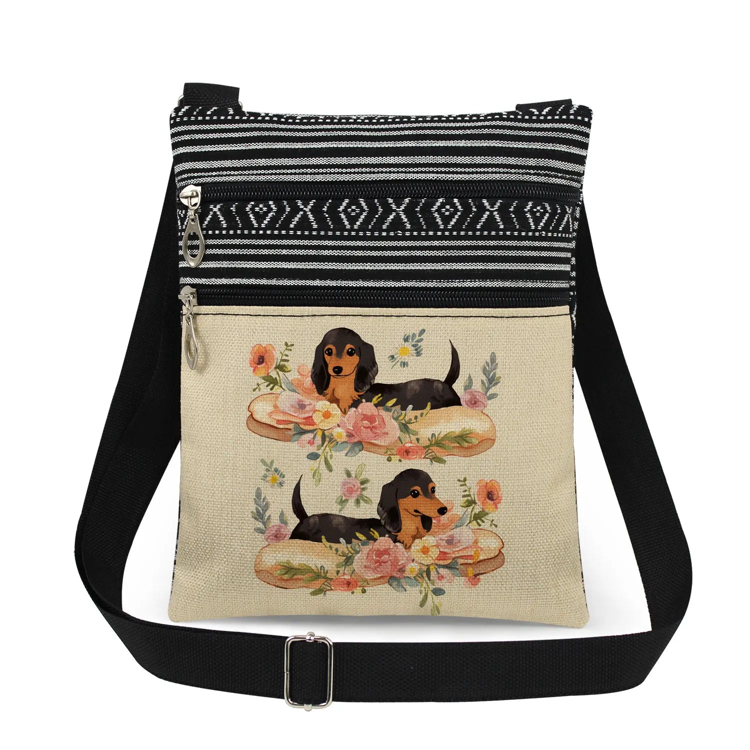 Cute Dachshund Print Crossbody Bag Female Floral Animal Shoulder Bags Fashion Outdoor Portable Double Zipper Lady Messenger Bag