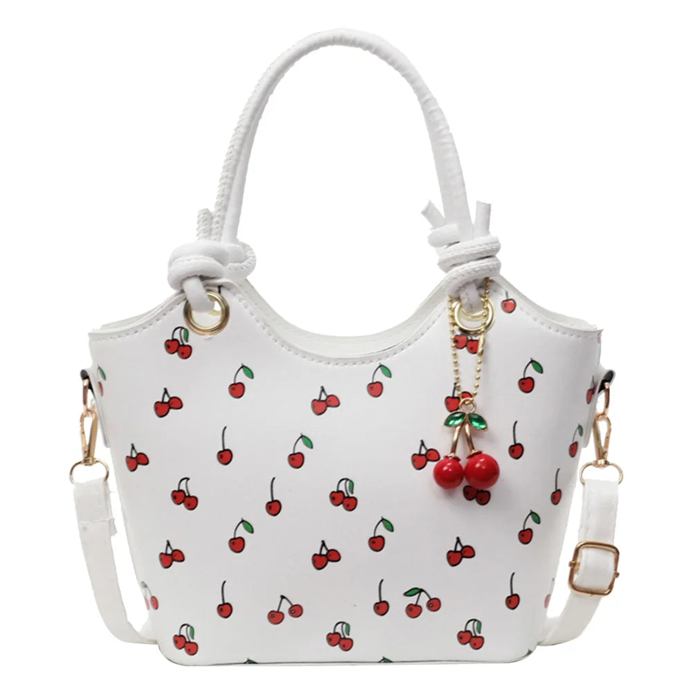 PU Leather Bucket Cherry Printed Crossbody Bag for Women Trendy Top-handle Bag Stylish Small Tote Handbag with Adjustable Strap