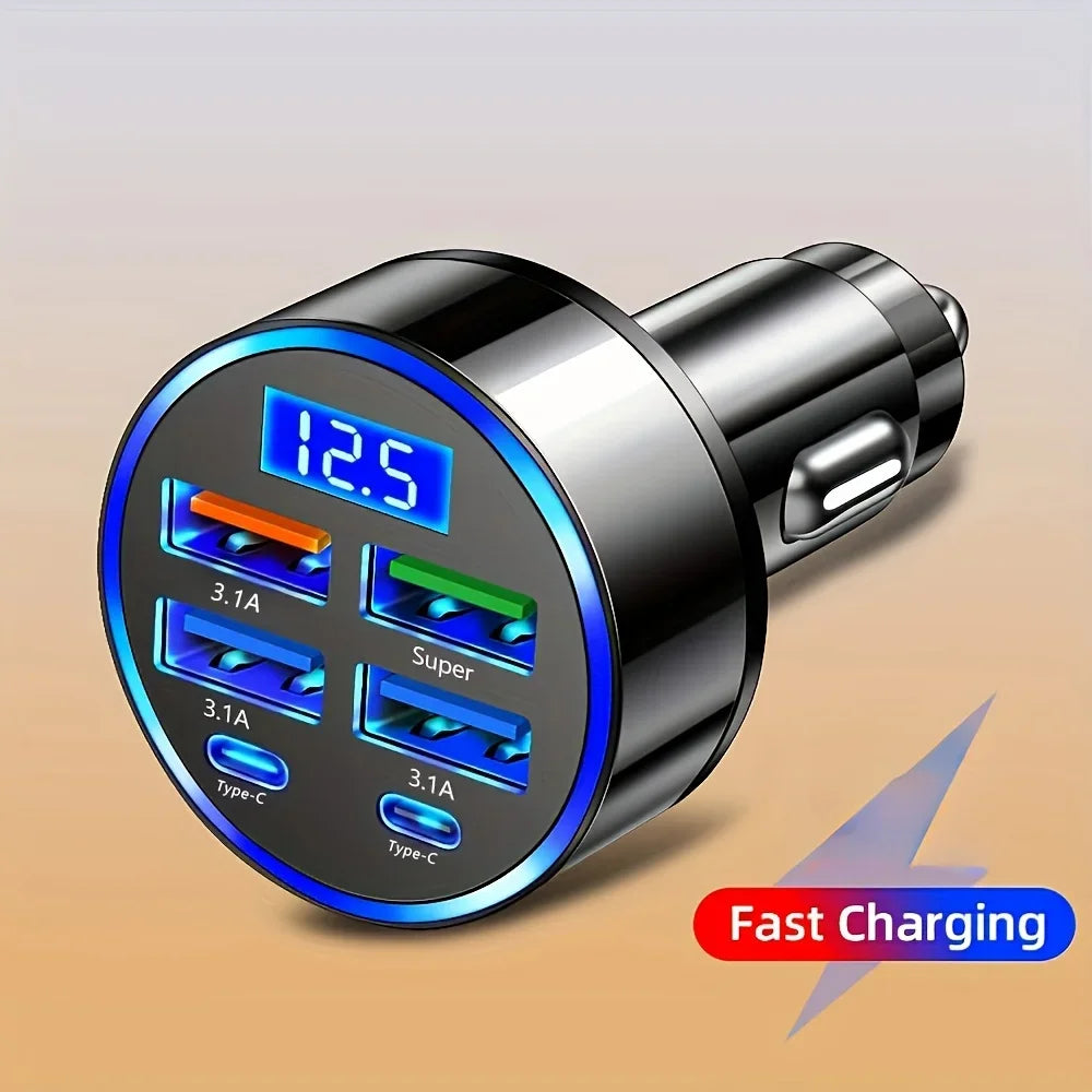 6-Port Car Charger, 3.1A USB & Type-C Fast Charge Adapter with LED Voltage Display Fast Delivery