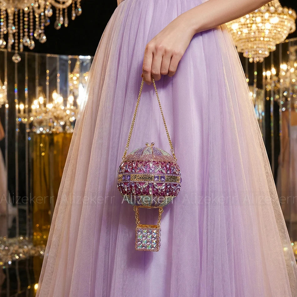 Alizekerr Hot Air Balloon Shaped Crystal Evening Bags Women Luxury Classy Unique Rhinestone Circular Clutch Purses Wedding Party