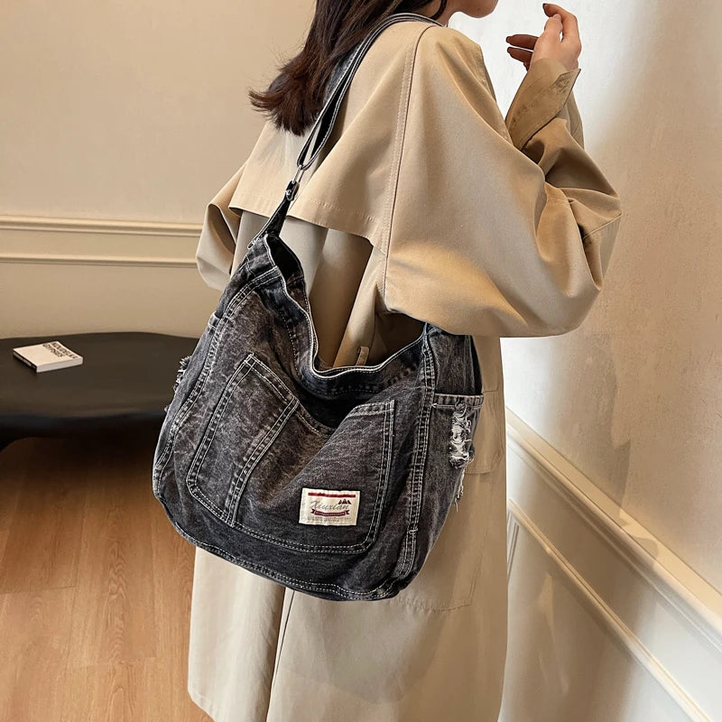 Sewing Thread Denim Zipper High Quality Shoulder Bags Large Capacity Commute Style 2025 New Youth Women's Crossbody Bags