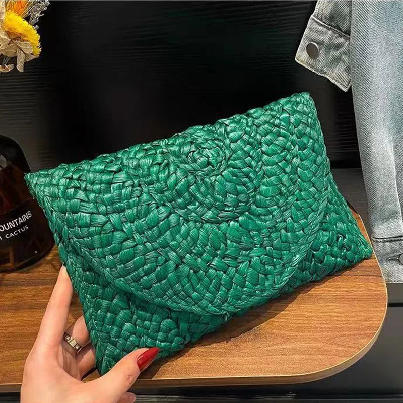 Women Fashion Flap Envelope Bags Summer Beach Bag Handmade Wallet Straw Knitted Handbag Lady Coin Phone Long Purse Clutches