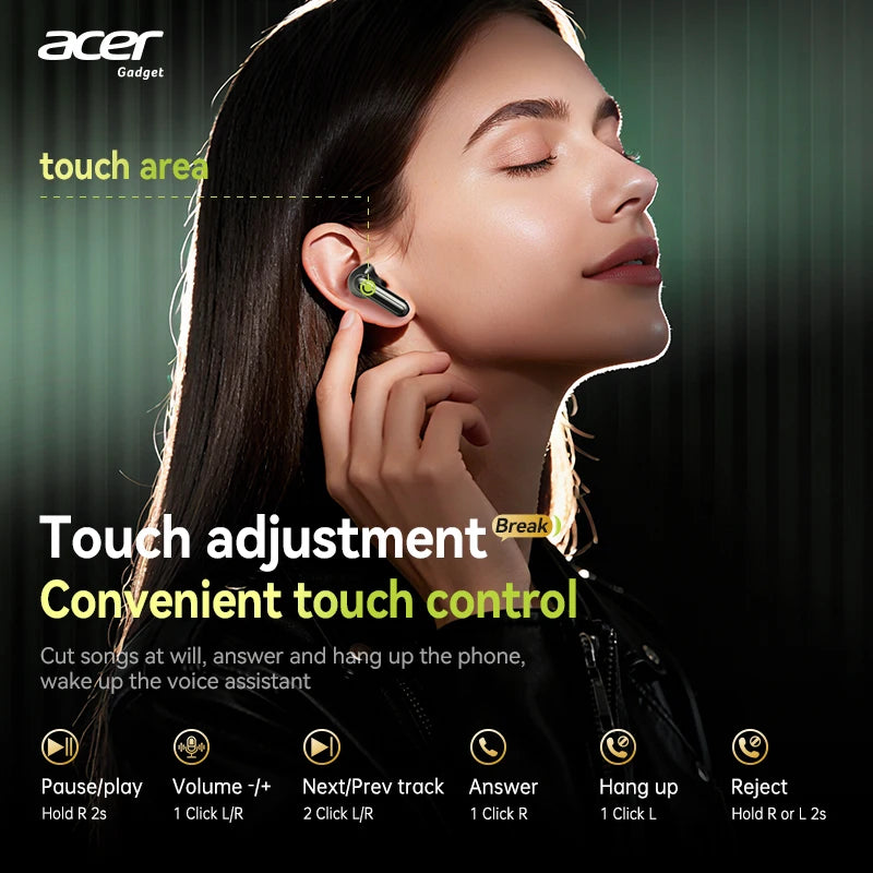 Acer In-Ear Wireless Bluetooth Headphones with Anc Active Noise Reduction, Hd Calls, Dolby Surround Sound, Large Battery, Long Battery Life, No Delay for Music and Games, Suitable for Sports, Running, and Fitness Use