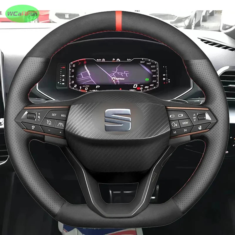 Black Suede Red Marker No-slip Steering Wheel Cover for SEAT Leon IV Ateca Tarraco 2020-2022 Ibiza 6F Arona 2021 Leather Braid