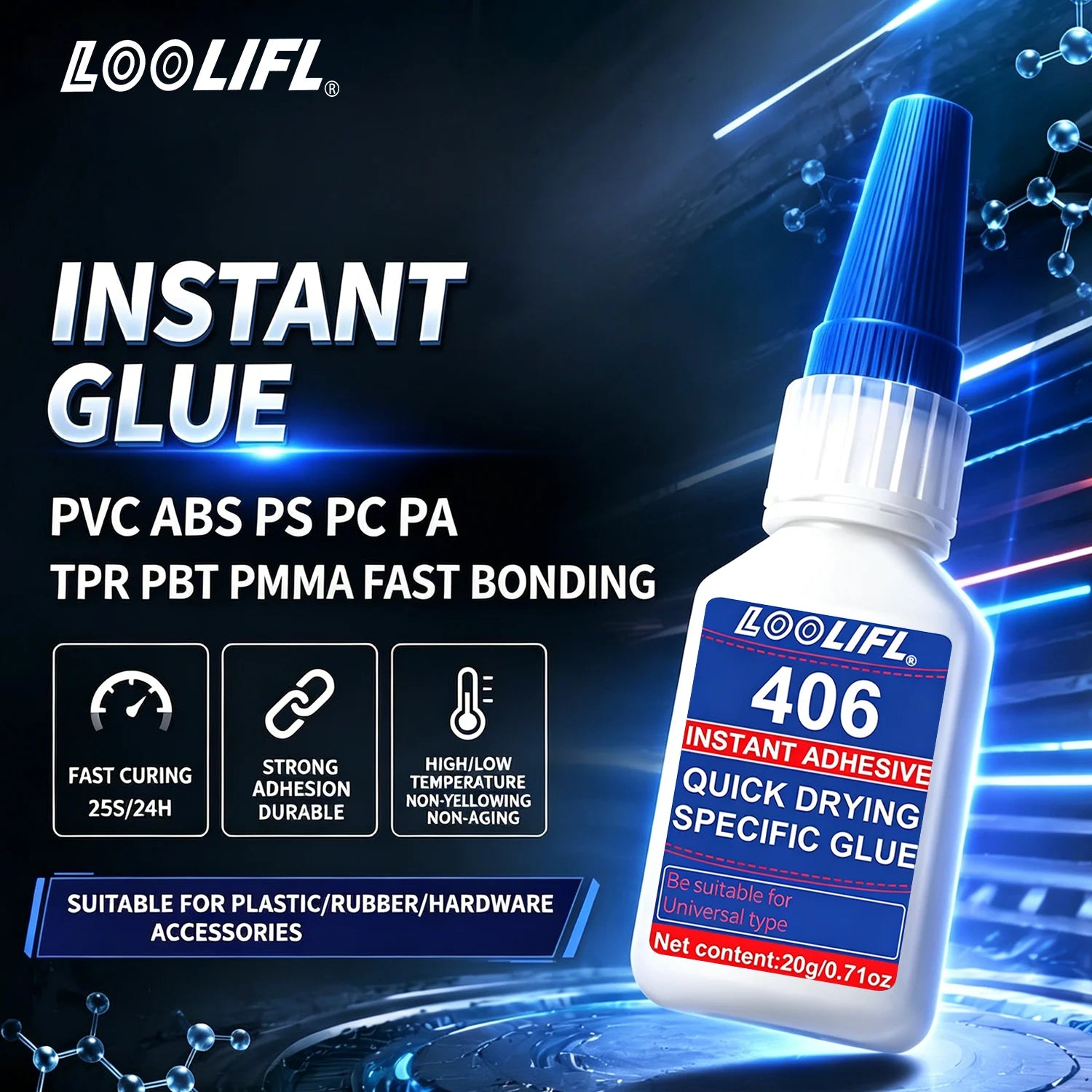 Loolifl 5Pcs 406 20g Cyanoacrylate Super Glue for Plastic Rubber Metal Ceramic All Purpose Adhesive for DIY Craft Home Repair