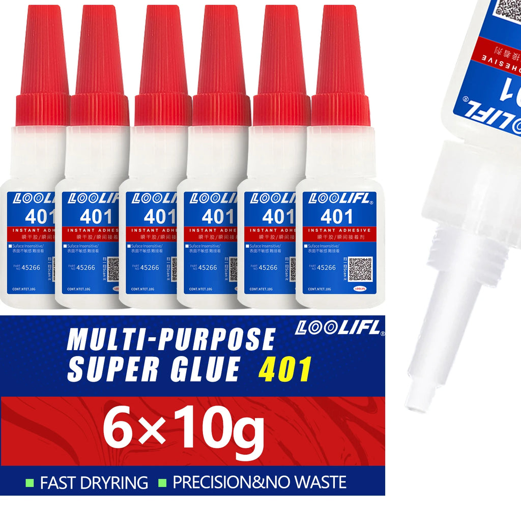 6PCS 401 Super Glue Instant Quick-drying Cyanoacrylate Adhesive Leather Rubber Glass Wood Metal Strong Bond Liquid Glue Tool 10g