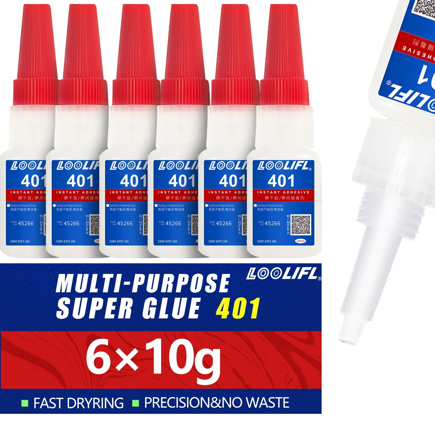 6PCS 401 Super Glue Instant Quick-drying Cyanoacrylate Adhesive Leather Rubber Glass Wood Metal Strong Bond Liquid Glue Tool 10g