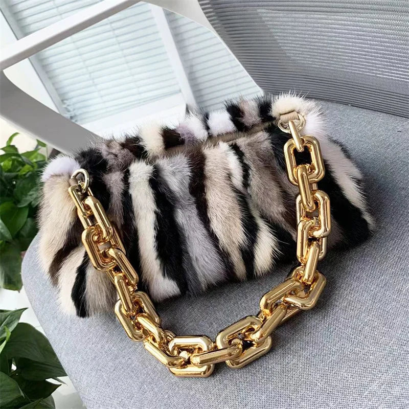 Luxury Mink Leather Bag Women's Retro Cloud Cross Bag Mobile Bag Design Clutch Clip Bag Fur 2022 New Winter Women's Handbag