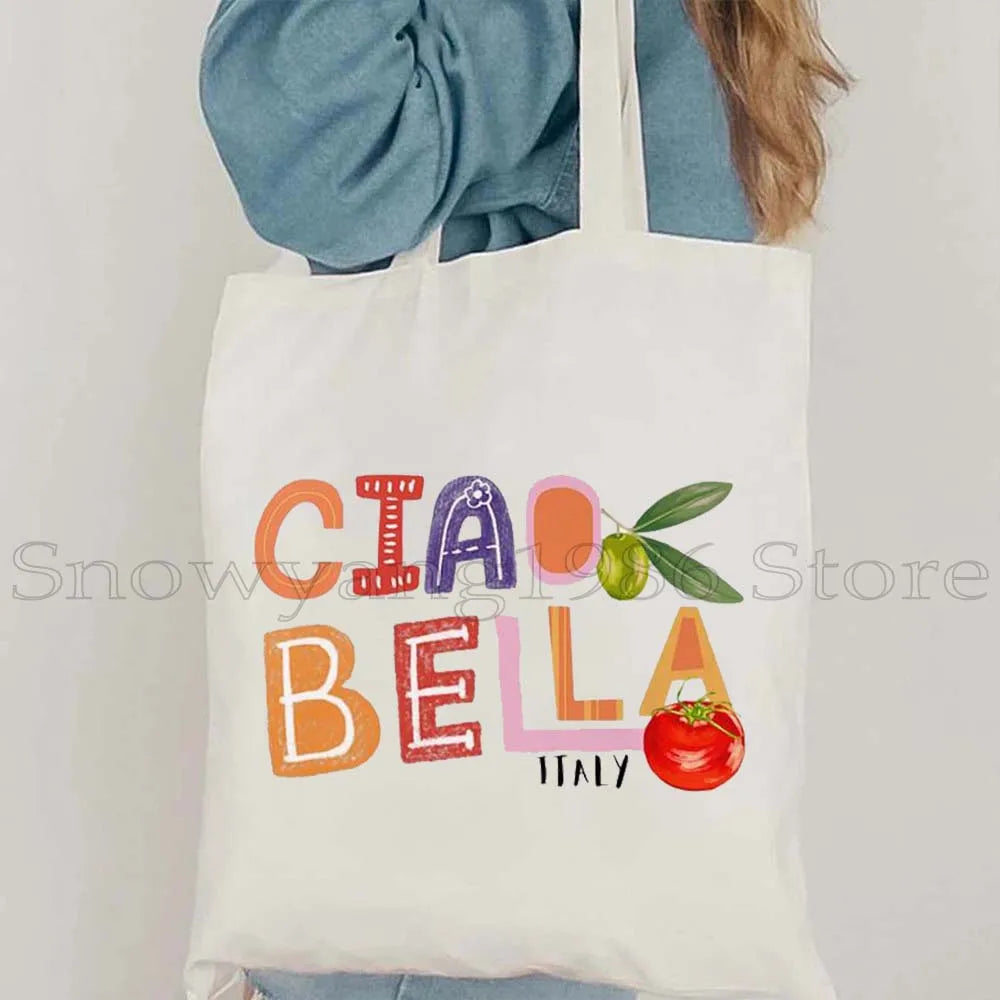Funny Ciao Bella Saying Italy Flag Rome Colosseum Firenze Florence Panorama Italian Canvas Tote Bag Shopper Girl Casual Handbag