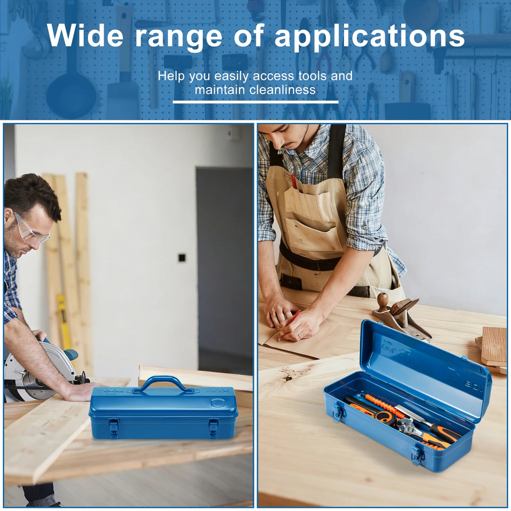 16.9inch Tool Box Portable Steel Tool Box Hip Roof Style with Metal Latch Closure Tool Chest for Household Workshop 43x17x13cm