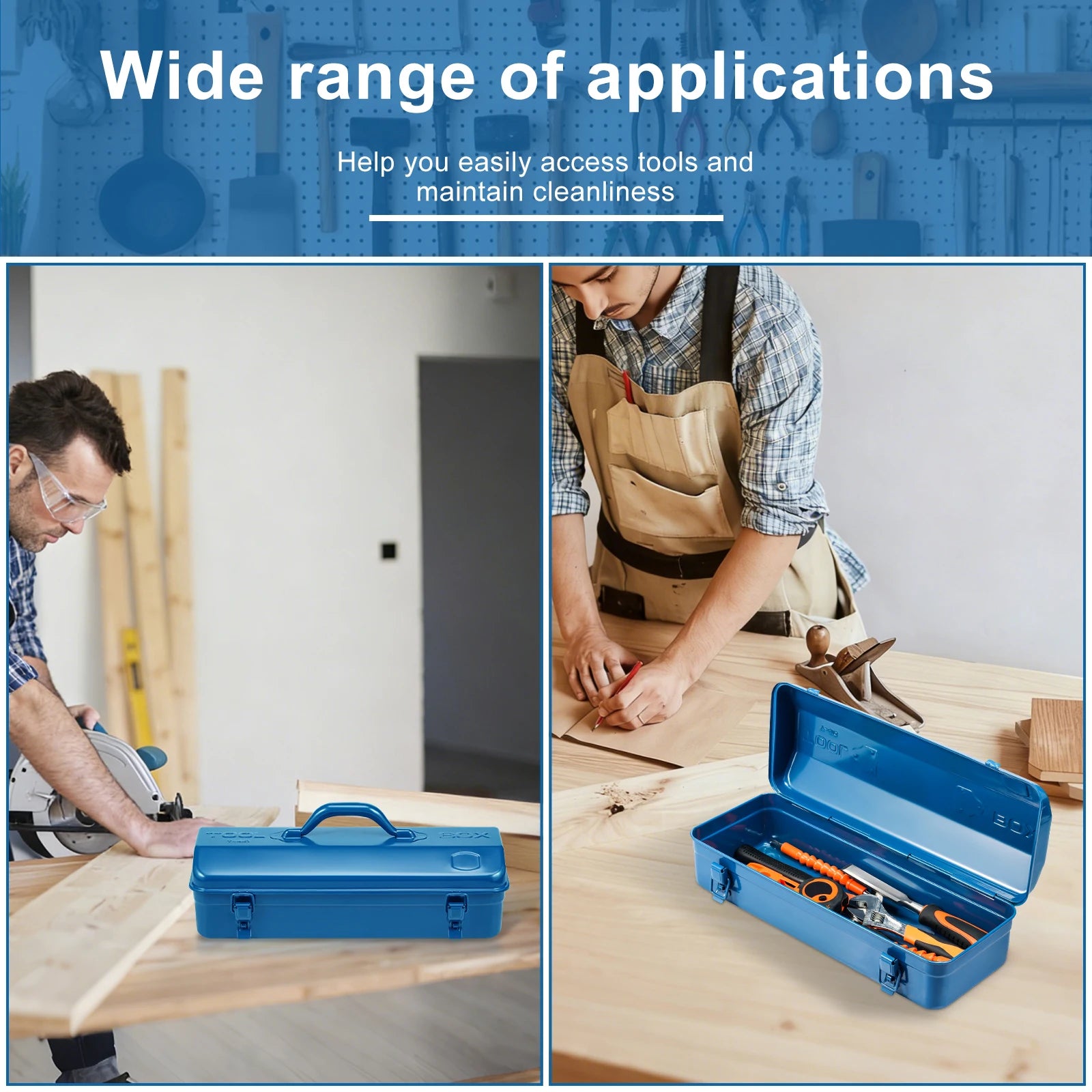 16.9inch Tool Box Portable Steel Tool Box Hip Roof Style with Metal Latch Closure Tool Chest for Household Workshop 43x17x13cm