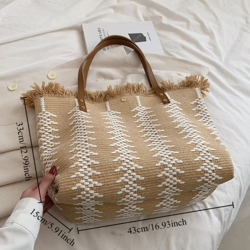 Women's 2026 New Tassel Knitted Canvas Handbag Versatile Multi in One Commuter Shoulder Bag Retro Lazy Style Casual Tote Bag