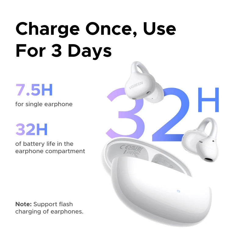 Open Ear Wireless Headphones Bluetooth Earphones ANC Dual-feedback Active Noise Cancellation, 32 Hours Playtime Clip Earbuds