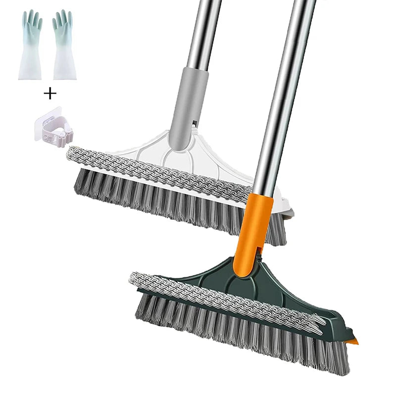 Scrub Brush Tile Cleaner Brush with Scraper with Squeeze 3-Section Adjustable Bathroom Brush with Long Handle V-Shaped Bristles