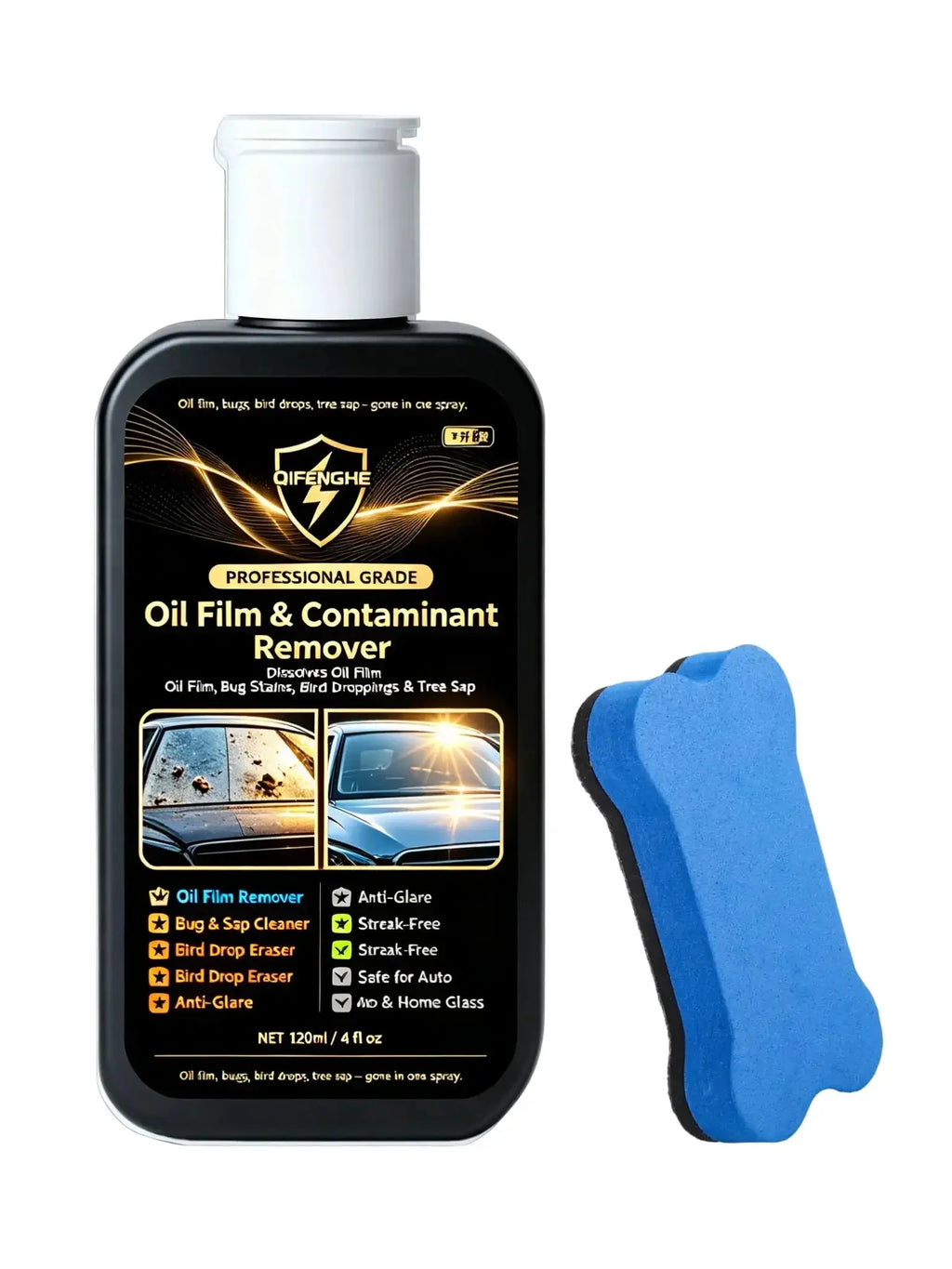 Powerful Oil Film Remover for Car Windshield – QIFENGHE 120ml Bug & Tree Sap Cleaner – Removes Bird Droppings, Insect Stains, Ro