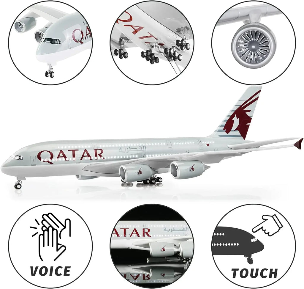 1/160 Scale A380 Qatar Airline Die-Cast Airplane Model 45.5cm with Light & Wheels Resin Collectible Aircraft Model