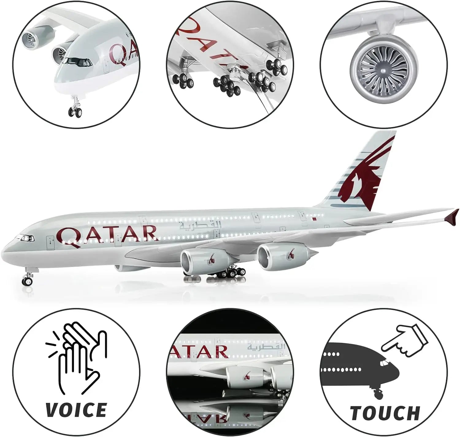 1/160 Scale A380 Qatar Airline Die-Cast Airplane Model 45.5cm with Light & Wheels Resin Collectible Aircraft Model