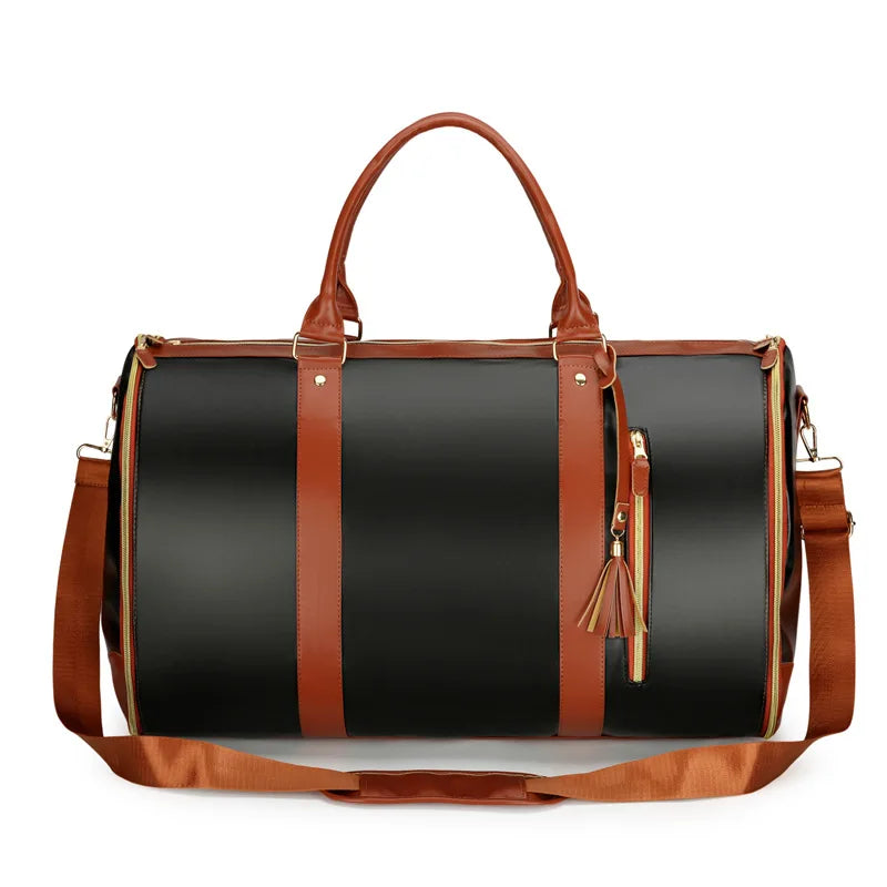 Foldable Garment Travel Bag, PU Leather Suit Duffel Bag Large Capacity Weekender Carry On Gym Bag for Men Women