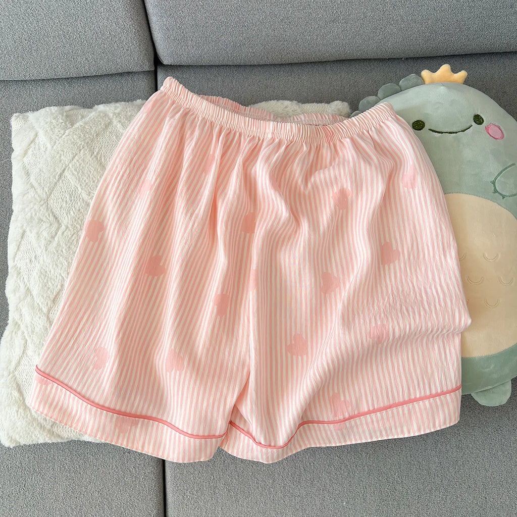 Women's Summer Pajamas, Thin Striped Heart-Shaped Pattern Short-Sleeved Shorts, Sweet and Cute, Can Be Worn Outside in Summer, Two-Piece Home Wear Set