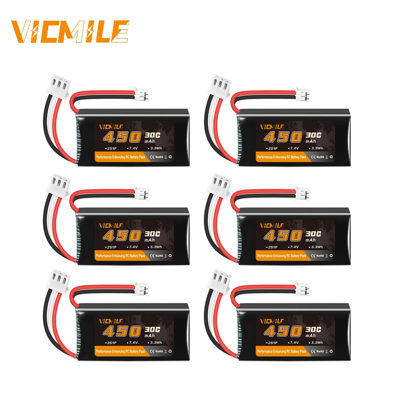 VICMILE SCX24 Battery 7.4V 450mAh Lipo Battery 2S 30C Rechargeable Lipos with PH2.0 Plug Fit for Most 1/10, 1/16, 1/18, 1/24 Sca