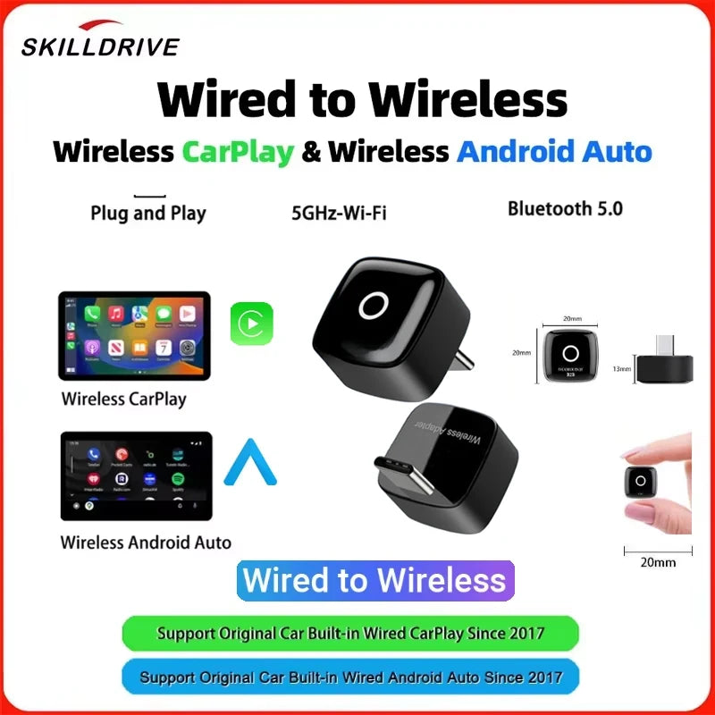Skilldrive 2026 Upgraded Wireless CarPlay Adapter Wireless Android Auto AI Smart Box Intelligent Systems for Wired CarPlay Car