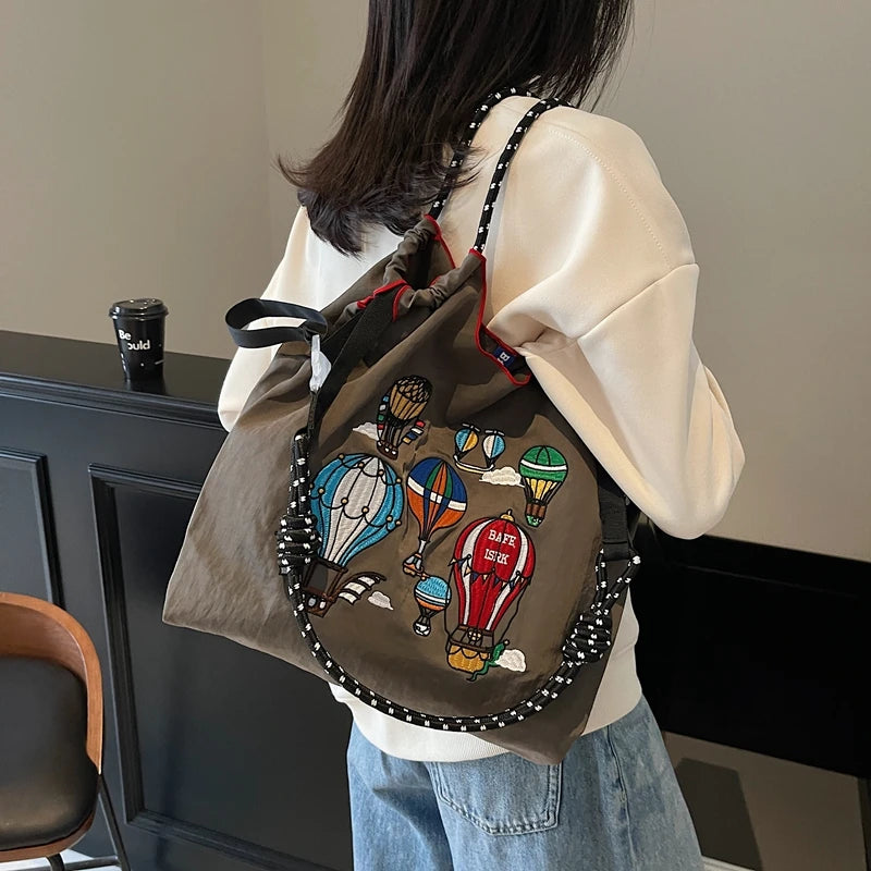Fashion Embroidered Hot Air Balloon Pattern Large Capacity Lady Canvas Bag New Drawstring Shopping Handbag Thin Style Canvas Bag