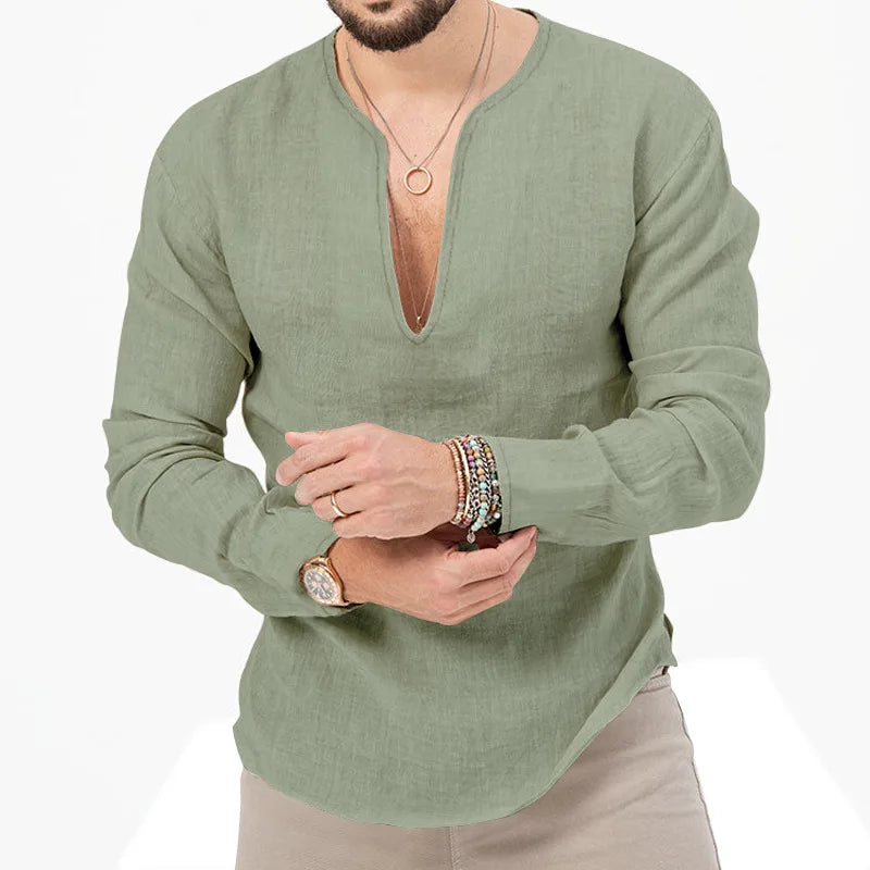 2026 Henry Linen Long Sleeve T-Shirt Men's Slim Fit Solid Color European and American Large Size Deep V-Neck Top Men