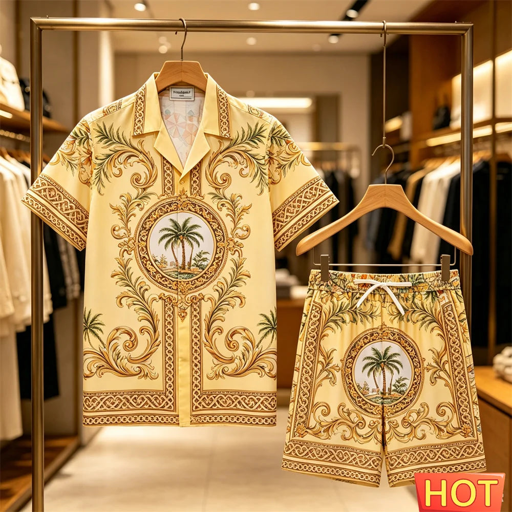 Men's Summer Tees Sets Fashion Coconut Tree 3D Print Short Sleeve Tops +Shorts 2 Piece Outfit Hawaiian Beach Vacation Shirt Suit