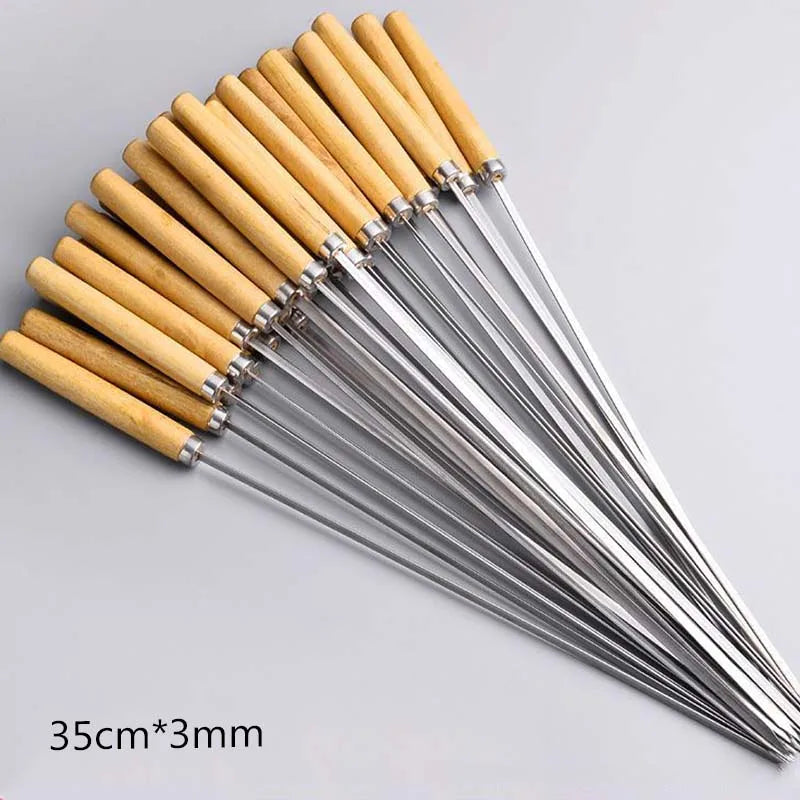 Premium Thick Stainless Steel BBQ Skewers with Wooden Handles - Easy to Turn Non-Stick Heat Resistant Perfect for Chicken Wings