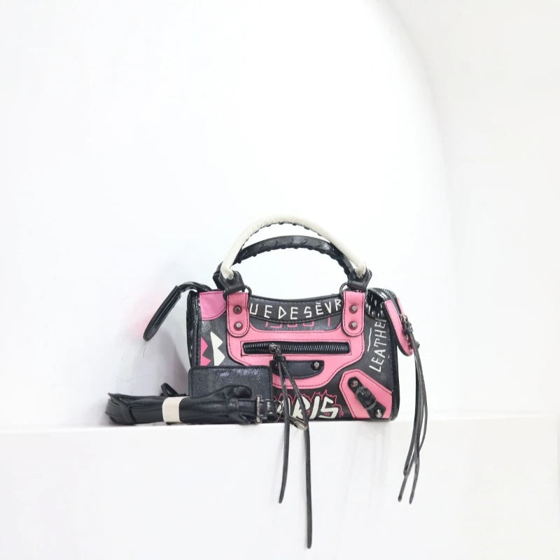 Women Casual Single Shoulder Moto Bag Niche Graffiti Microfiber PU Retro Large Fashion Hand Purse