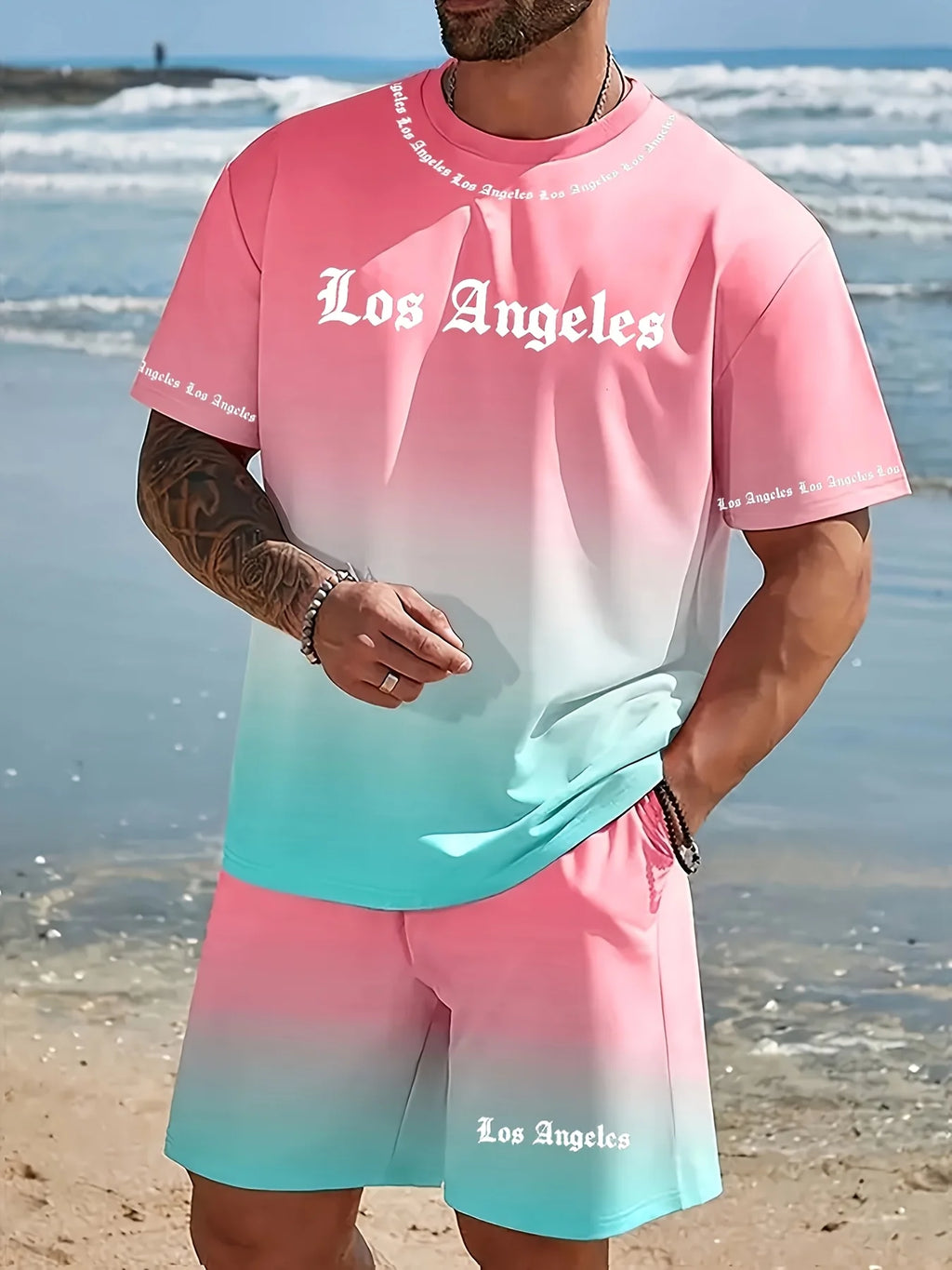Men's Two-Piece Gradient Sports Outfit, Crew Neck Short-Sleeve T-Shirt + Shorts, Casual Outdoor Streetwear for Summer
