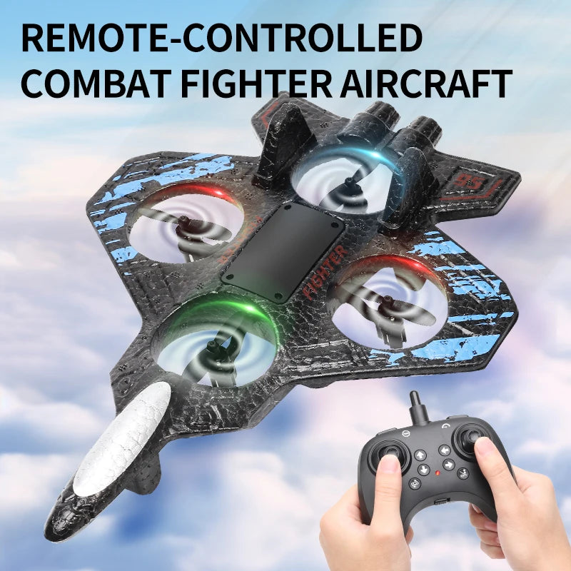 2.4G Remote-Controlled Foam Fighter Plane with Stunt Flips, Hover Capabilities, and Colored Lights.
