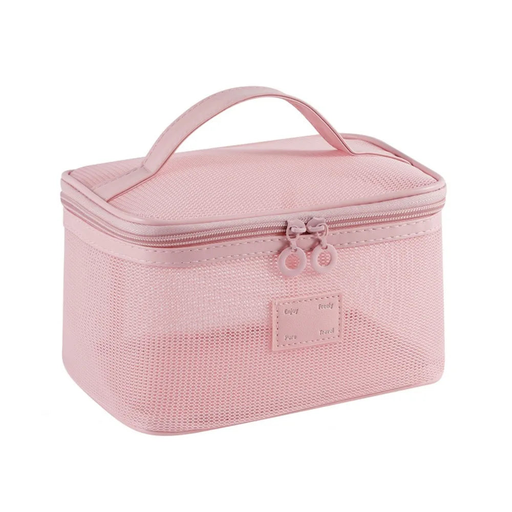 Portable Mesh Handheld Makeup Bag Square Lightweight Storage Toiletry Bag Zipper Large Capacity Transparent Mesh Cosmetic Bag