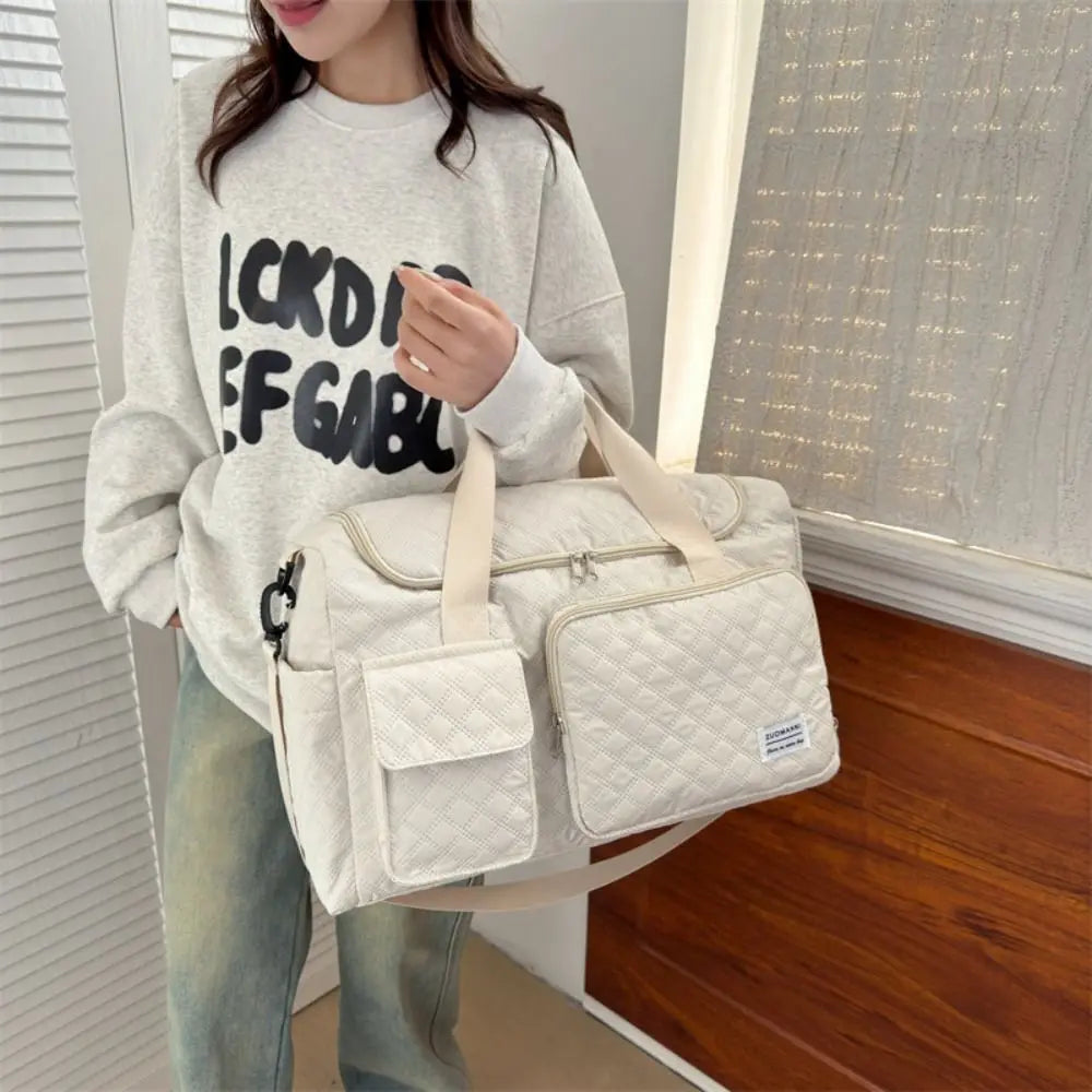 Simple Quilted Travel Duffle Bag Solid Color Oxford Sports Tote Bag Single Shoulder Foldable Travel Handbag Girl