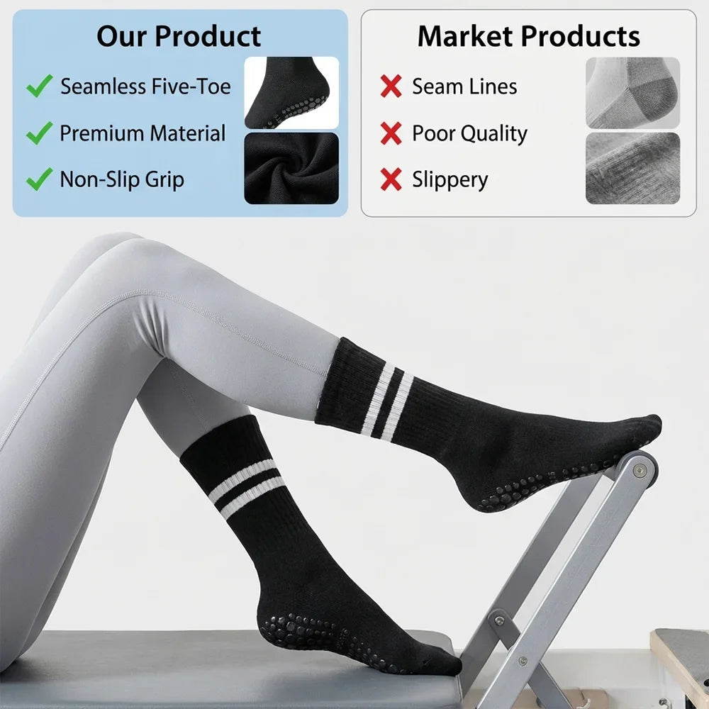 3pairs  Grip Socks for Women, Non Slip Pilates Yoga Socks with Double Stripes Non Slip Socks for Workout, Ballet, Athletic Socks