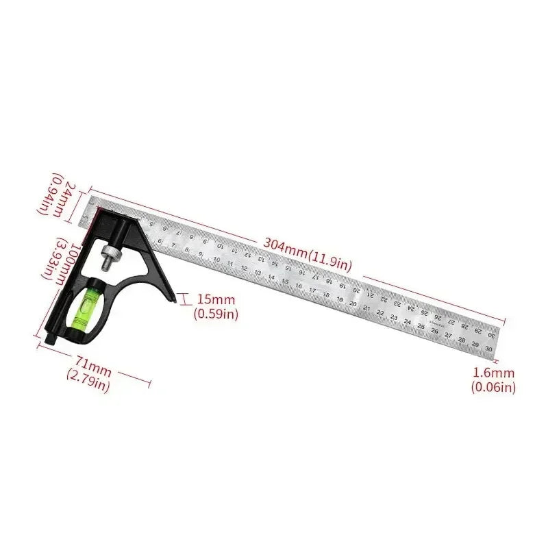 300mm Stainless Steel Angle Combination Square Ruler Horizontal Movable Carpenter Woodworking 45 Degree Right Level Moving