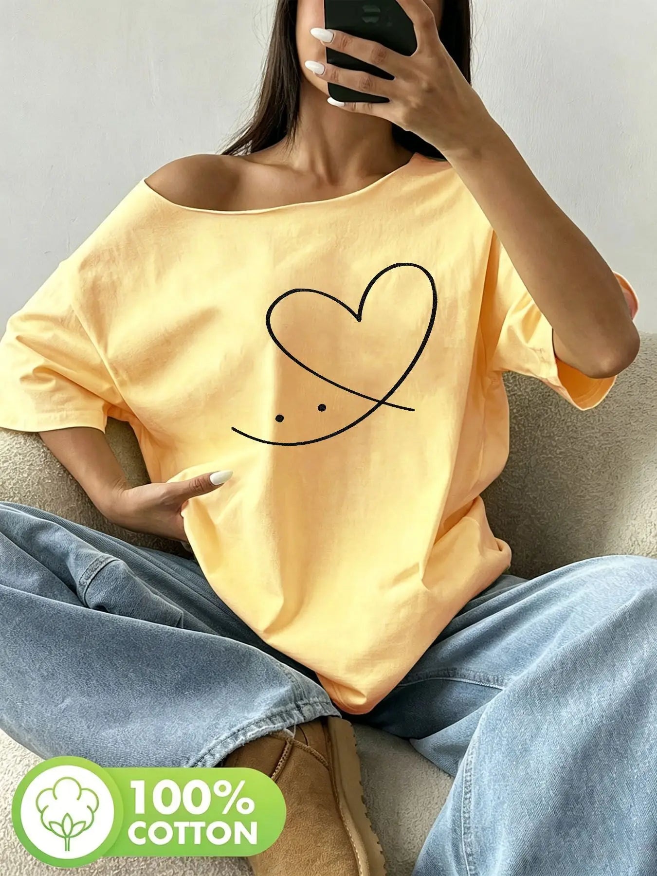 Plus Size Hand Drawn Sketchy Heart Smile Face Graphic Tee 100% Cotton Shoulder Loose Print T-Shirt Oversized Y2K Style Graphi