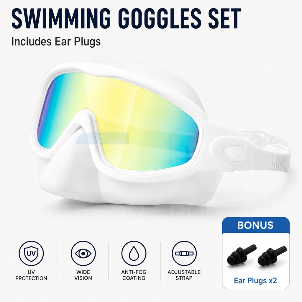 JSJM Upgraded Adult Swimming Goggles HD Anti-Fog Waterproof Swim Glasses Wide View UV Protection Adjustable Strap for Men Women