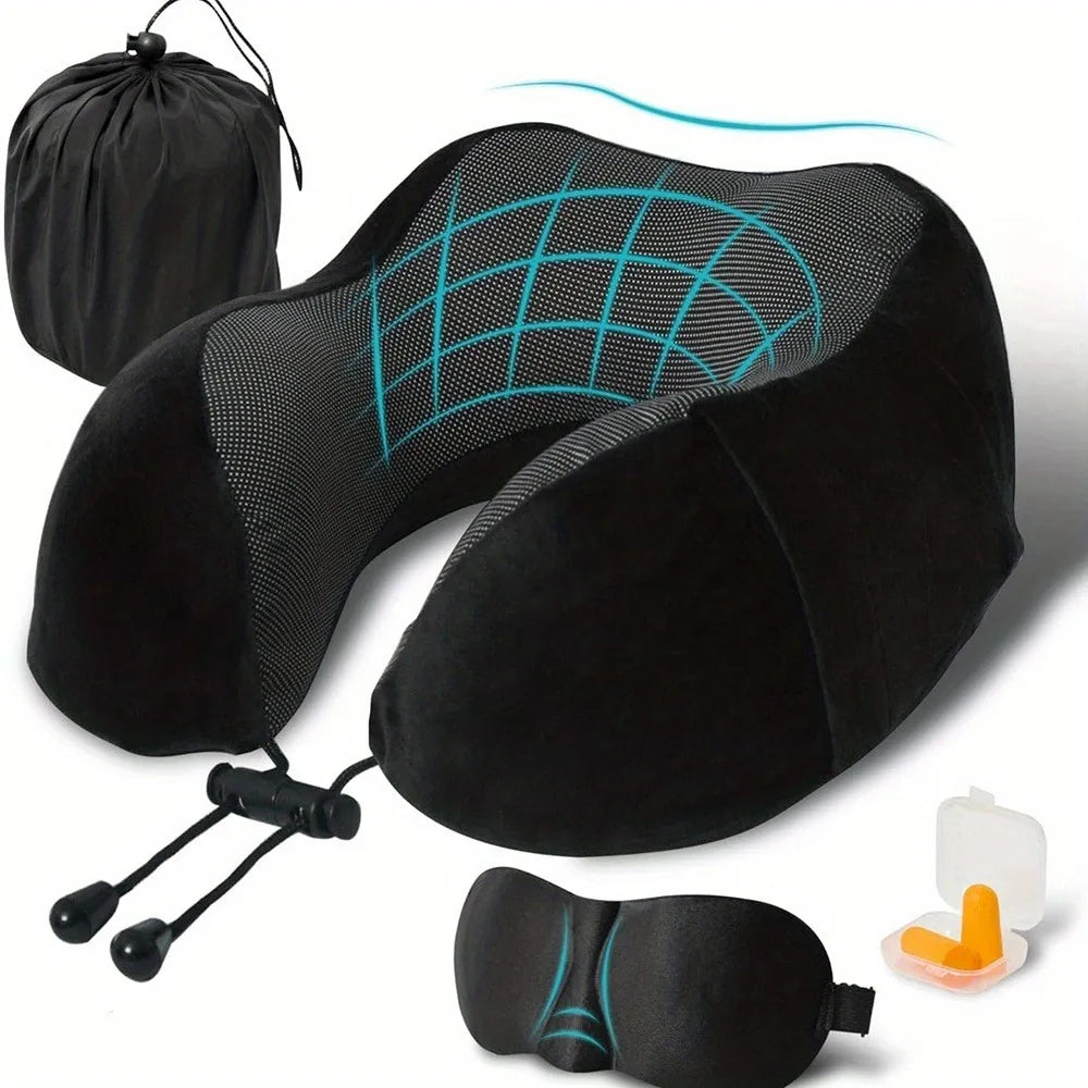 Travel Pillow, Airplane Sleep Travel Pillow, Memory Foam Neck Pillow Set Includes Eye Mask, Earplugs, and Storage Pouch