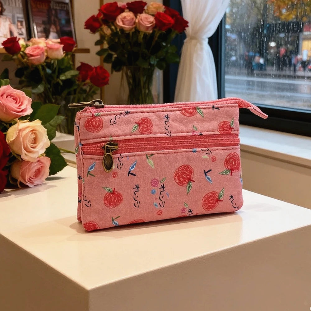 Women's short purse with cotton fabric printed design, light and fresh style, card holder, coin holder, student's small wallet